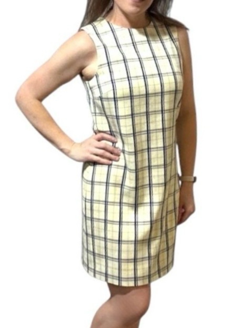 Theory Sleeveless Grid Dress - Size 8 - Ivory - Shift Mini Above Knee